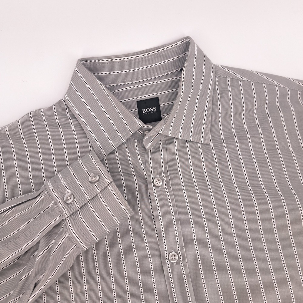 Hugo Boss Button Down Shirt Mens L Cotton Grey White Striped Long Sleeve Turkey